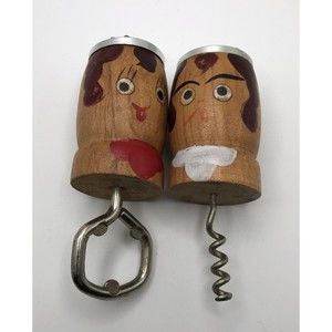 Vintage Wood Salt And Pepper Shakers Boy Girl Corkscrew Bottle Opener No Holder